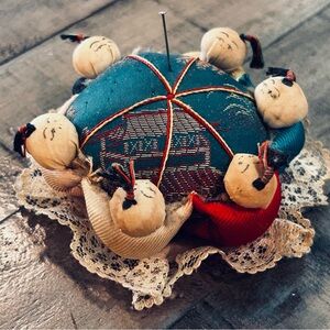 VTG Asian Little People Silk Pin Cushion 6 Figures Sewing Novelty Lacey Bottom